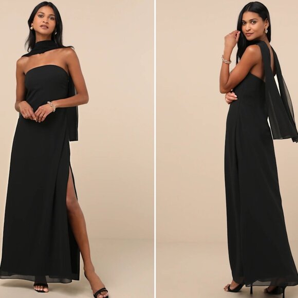 Lulu's Black Strapless Maxi Dress and Scarf Set, Chiffon - Picture 2 of 4